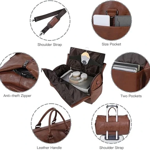 Elegant Brown Leather Garment Duffel Bag for Men - Picture 4 of 5